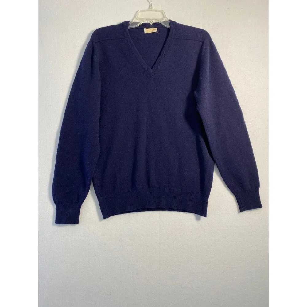 Vintage 100% Pure Cashmere V-Neck Sweater Navy Blue Made in Scotland Mens Sz M/L